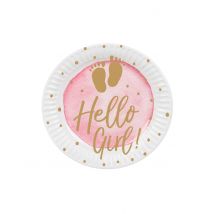 10 assiettes en carton hello girl rose et or 23 cm pour baby shower