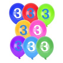 8 Ballons chiffre 3 multicolores 30 cm