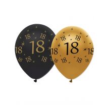 6 Ballons en latex 18 ans noirs et dorés 30 cm