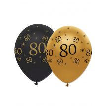 6 Ballons en latex 80 ans noirs et dorés 30 cm