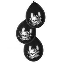 6 Ballons en latex squelette fleuri noir 25 cm