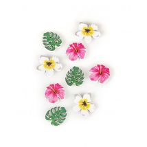 9 Confettis en bois fleurs et feuilles tropicales 3,8 cm