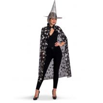 Set sorcière chapeau et cape noir et argent femme