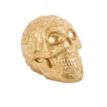 Tête de mort dorée avec motifs calaveras en relief 14 cm