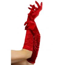 Gants mi-longs satinés rouges avec plis femme
