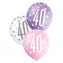 6 Ballons En Latex Roses, Violets Et Blancs 40 Ans - Thème: Anniversaire - Couleur: Violet - Taille: Taille Unique