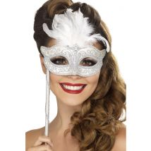 Loup Vénitien Argent Avec Plumes Blanches Adulte - Thème: Carnaval - Couleur: Blanc - Taille: Taille Unique