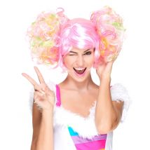 Perruque Rose Clair À Couettes Bouclées Femme - Thème: Fluo, Phospho Et Uv - Couleur: Fluos - Taille: Taille Unique