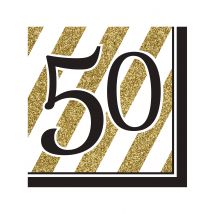 16 Serviettes en papier 50 ans noires et dorées 33 x 33 cm