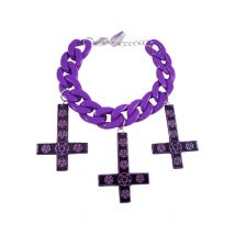 Bracelet Chaîne Violette Avec 3 Pendentifs Noirs Croix - Thème: Magie Et Horreur - Couleur: Violet - Taille: Taille Unique