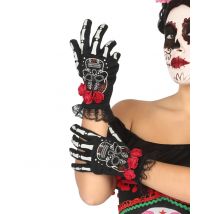 Gants courts squelette mexicain femme Dia de los muertos
