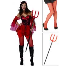 Pack Déguisement Diablesse Femme Avec Collants Et Fourche Halloween - Thème: Magie Et Horreur - Couleur: Rouge - Taille: Taille Unique