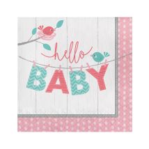 16 roze "Hello Baby" papieren servetten 33 x 33 cm voor doop