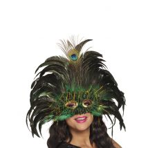 Loup Paon Vénitien Avec Plumes Adulte - Thème: Carnaval - Couleur: Vert - Taille: Taille Unique