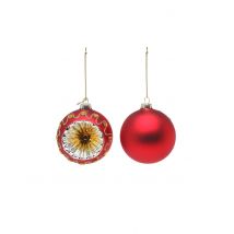 2 Boules En Verre Rouge Et Or 8 Cm - Taille: Taille Unique