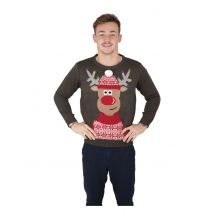 Pull De Noël Gris Renne Lumineux Et Musical Adulte - Thème: Père Noël - Couleur: Argenté / gris - Taille: S / M