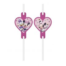 4 Pailles Médaillon Minnie Junior - Thème: Dessins Animés, Bd - Couleur: Rose - Taille: Taille Unique