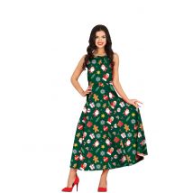 Robe Longue Verte À Motifs Noël Femme - Vert - Taille: L (42-44)