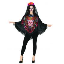Poncho Squelette Coloré Dia De Los Muertos Adulte - Thème: Magie Et Horreur - Couleur: Noir - Taille: M (38-40)