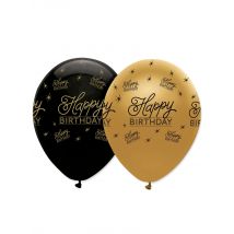 6 Ballons aus Latex Happy Birthday schwarz + gold 30 cm
