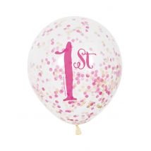 6 Luftballons aus Latex 1. Geburtstag rosa und gold mit Konfetti 30 cm