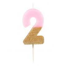 Kerze mit der Nummer 2 rosa und goldener Glitzer 13,8 cm