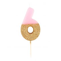 Kerze mit der Nummer 6 rosa und goldener Glitzer 13,8 cm