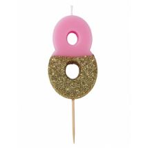 Kerze am Stab Nummer 8 rosa und goldener Glitzer 13,8 cm