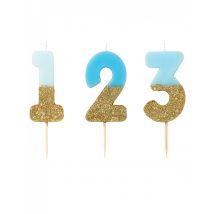 Kerze am Stab blaue und goldene Glitzerzahlen 13,8 cm