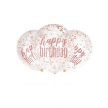 6 transparente Latexballons Happy Birthday rosa Konfetti 30 cm