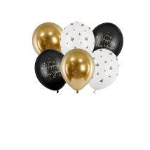 6 Silvester Luftballons schwarz und gold 30 cm