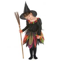 Kinder-Hexenkostüm Halloweenverkleidung schwarz-grün-orange - Thema: Hexen + Magier - Bunt - Größe 122/134 (7-9 Jahre)