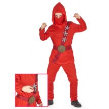 Ninja-Kinderkostüm mit Wurfsternen rot - Thema: Gruseliger Fasching - Rot/Rotbraun - Größe 134/140 (10-12 Jahre)