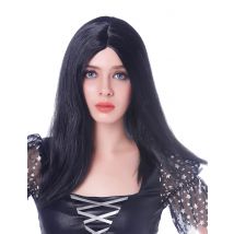 Langhaarperücke für Damen mit Scheitel Halloween Kostüm-Accessoire schwarz - Thema: Hexen + Magier - Schwarz - Größe Einheitsgröße