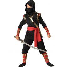 Edles Ninja-Kostüm für Kinder Halloween-Kostüm schwarz-rot-gold - Thema: Gruseliger Fasching - Schwarz - Größe 110/116 (6 Jahre)