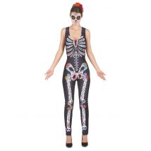 Tag der Toten Skelett Damenkostüm Jumpsuit schwarz-bunt - Thema: Tag der Toten - Größe M/L
