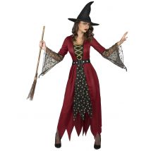 Magische Hexe Zauberinnenkostüm mit Sternenmuster rot-schwarz-gold - Thema: Hexen + Magier - Rot/Rotbraun - Größe XL