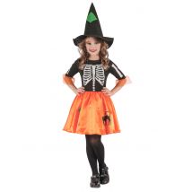 Skeletthexe Halloween-Kinderkostüm schwarz-orange - Thema: Hexen + Magier - Schwarz - Größe 92/104 (3-4 Jahre)