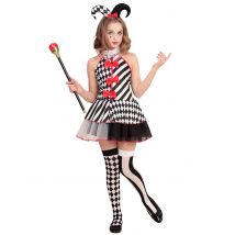 Harlekin-Mädchenkostüm Halloween-Kinderkostüm schwarz-weiss-rot - Thema: Horrorclowns + Harlekins - Weiß - Größe 140 (8-10 Jahre)