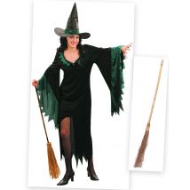 Hexe-Damenkostüm mit Besen Halloween-Set 2-teilig schwarz-grün-braun - Thema: Hexen + Magier - Schwarz - Größe Einheitsgröße