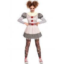 Gruseliges Clownskostüm für Damen an Halloween weiss-grau-rot - Thema: Horrorclowns + Harlekins - Silber/Grau - Größe XL