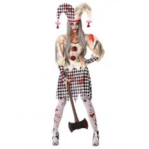 Zombie-Harlekin-Damenkostüm für Halloween schwarz-weiss-rot - Thema: Horrorclowns + Harlekins - Beige - Größe M / L