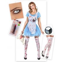 Zombie-Alice Kostüm-Set für Erwachsene 7-teilig blau-weiß-rot - Thema: Zombies - Bunt - Größe Einheitsgröße