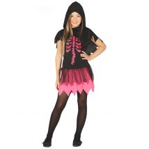 Süßes Skelett-Kostüm für Mädchen schwarz-pink - Thema: Skelette + Sensenmänner - Schwarz - Größe 122/134 (7-9 Jahre)