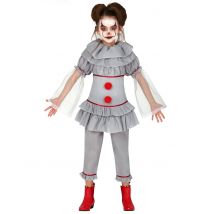 Killerclown-Kostüm für Mädchen grau-rot - Thema: Horrorclowns + Harlekins - Silber/Grau - Größe 122/134 (7-9 Jahre)