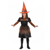 Süßes Hexen-Kostüm für Kinder Kleid und Hut schwarz-orange - Thema: Hexen + Magier - Schwarz - Größe 140 (8-9 Jahre)