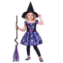 Niedliches Hexe-Kostüm für Kinder blau-violett-schwarz - Thema: Hexen + Magier - Violett/Lila - Größe 98/104 (3-4 Jahre)