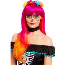 Perücke Haarverlängerung Dia de los Muertos pink-orange - Thema: Tag der Toten - Orange - Größe Einheitsgröße