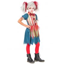 Gruseliges Horrorclown-Kleid für Mädchen blau-rot-weiss-gold - Thema: Gruseliger Fasching - Bunt - Größe 92/104 (3-4 Jahre)