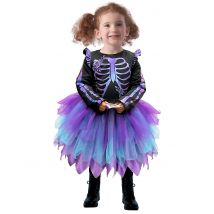 Holographisches Skelett-Kostüm für Mädchen mit Tutu schwarz-lila - Thema: Skelette + Sensenmänner - Violett/Lila - Größe 80/92 (1-2 Jahre)